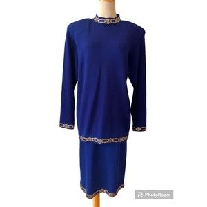 St. John Evening Royal Blue Santana Knit Skirt Set Gold Beading Midi Size 12